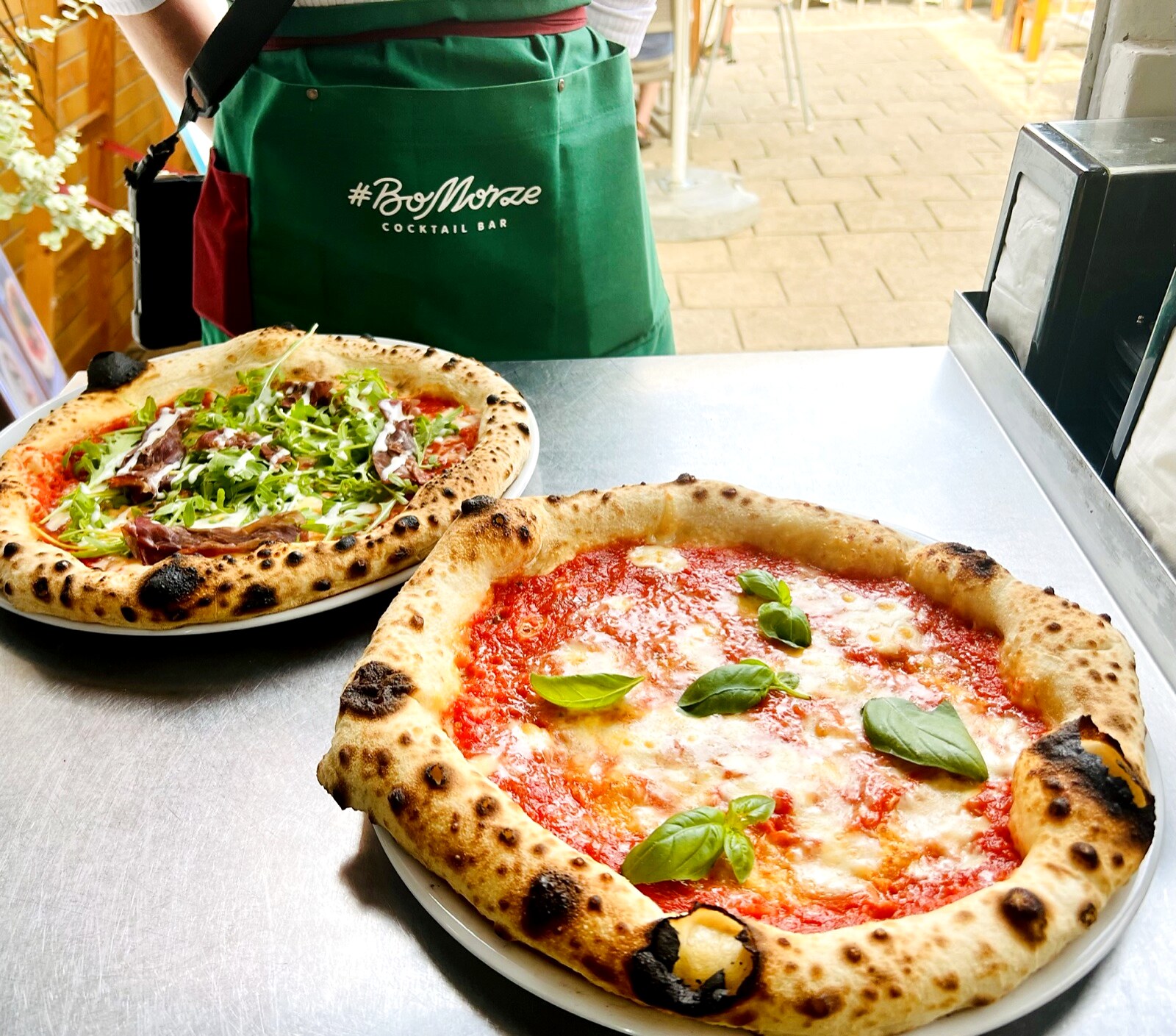 Two BoMorze Neapolitan pizzas — Prosciutto and Margherita